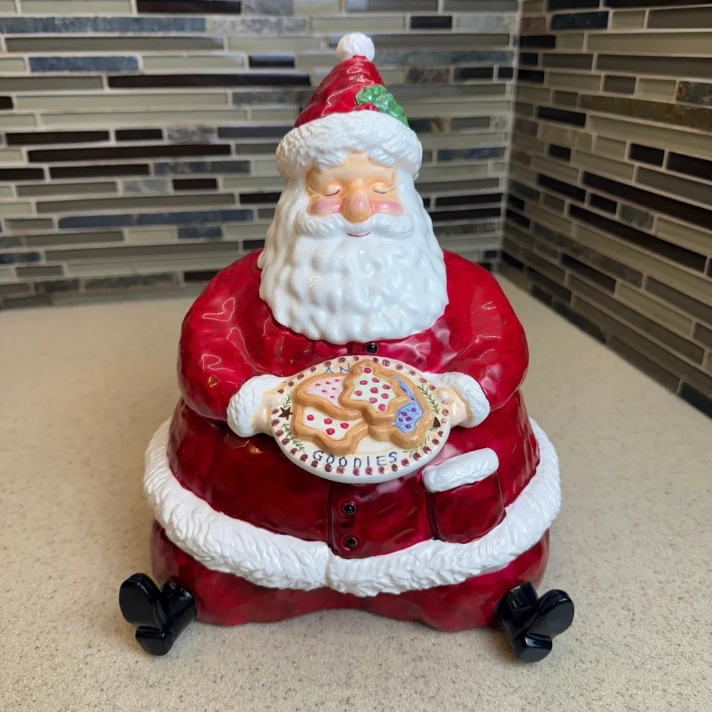 Vintage Ceramic Santa Claus Cookie Jar Holding Plate‎ of Goodies Christmas Decor